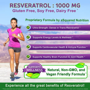 100% Natural Resveratrol Complex 1000mg Per Serving Max Strength Antioxidant Supplement, Trans-Resveratrol Pills for Heart Health & Pure, Trans Resveratrol & Polyphenols (180 Capsules)