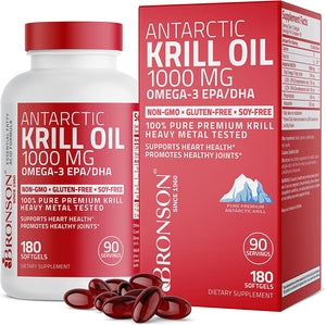 Bronson Antarctic Krill Oil 1000 mg with Omega-3s EPA, DHA, Astaxanthin and Phospholipids 180 Softgels (90 Servings)