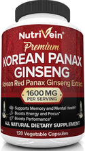 Load image into Gallery viewer, Premium Quality 1600mg Pure Korean Red Panax Ginseng 120 Vegan Capsules - High Strength 5% Ginsenosides - Ginseng Root Extract Powder for Energy, Potency, Strength, Vigor and Focus for Men and Women