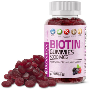 Bronson Vitamins - Biotin Gummies Pectin Based Vegan Hair, Skin & Nails Formula - 5,000 mcg - 90 Gummies
