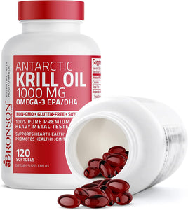 Bronson Antarctic Krill Oil 1000 mg with Omega-3s EPA, DHA, Astaxanthin and Phospholipids 120 Softgels (60 Servings)