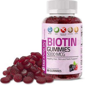 Bronson High Potency Biotin Gummies 5000 mcg Natural Hair Skin & Nails, Vegan Pectin-Based Non-GMO, 90 Gummies