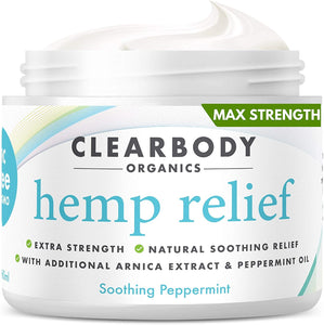 Clearbody Organics Hemp Pain Relief Cream Extra Strength- Made in USA Lab Tested Hemp Oil Formula for Arthritis, Back, Knee, Joint, Carpal Tunnel, Nerve, Muscle Pain for Inflammation, Soreness with Natural Peppermint & Arnica Extract