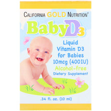 Load image into Gallery viewer, California Gold Nutrition, Baby Vitamin D3 Drops, 10 mcg (400 IU), .34 fl oz (10 ml)