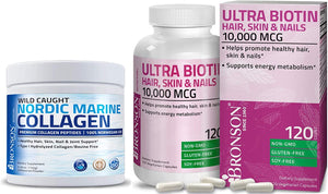 Bundle Special Bronson Marine Collagen Peptides Hydrolyzed Protein Powder 100% Wild Caught Nordic Cod Verified Sustainable Source 150g (5.29oz) + Ultra Biotin 10,000 Mcg for Joints Skin Hair Nails & Bones 120 Count