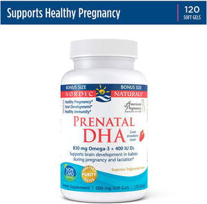 Nordic Naturals Prenatal DHA 830 mg Omega-3 + 400 IU Vitamin D3-120 Soft Gels - Supports Brain Development in Babies During Pregnancy & Lactation - Non-GMO - 60 Servings