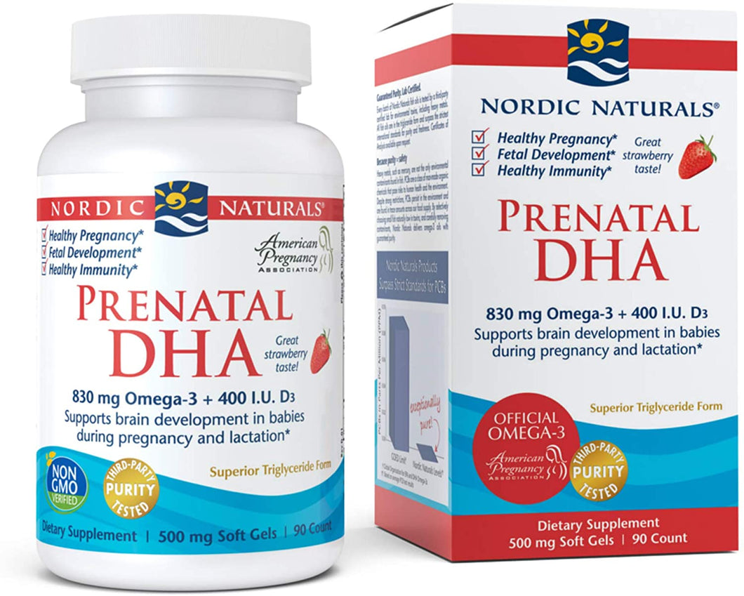 Nordic Naturals Prenatal DHA, Strawberry - 830 mg Omega-3 + 400 IU Vitamin D3 - 90 Soft Gels -  Supports Brain Development in Babies During Pregnancy & Lactation - Non-GMO - 45 Servings