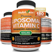 Load image into Gallery viewer, Nutrivein Liposomal Vitamin C 1650mg - 180 Capsules - High Absorption Ascorbic Acid - Supports Immune System and Collagen Booster - Powerful Antioxidant High Dose Fat Soluble Supplement- Vegan Pills