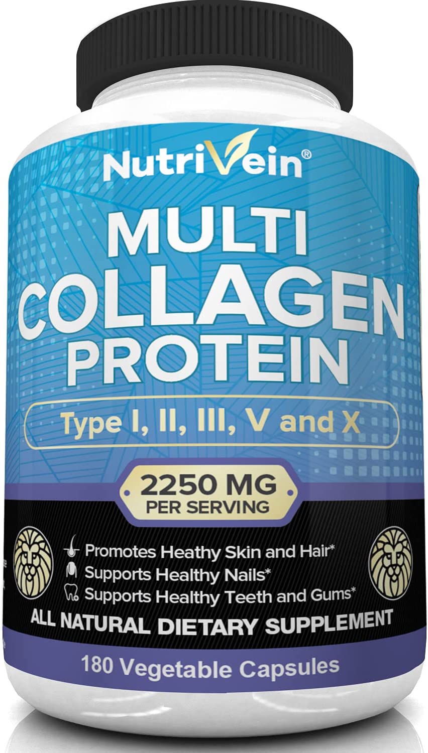 2250mg Nutrivein Multi Collagen Pills 180 Collagen Capsules - Type I, II, III, V, X - Anti-Aging, Healthy Joints, Hair, Skin, Bones, Nails, Hydrolyzed Protein Collagen Peptides for Woman and Men
