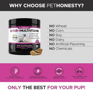 PetHonesty 10 in 1 Dog Multivitamin with Glucosamine - Essential Dog Vitamins with Glucosamine Chondroitin, Probiotics and Omega Fish Oil for Dogs Overall Health - Vitamins for Joint Supplement Heart