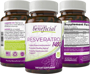 100% Pure and Natural Resveratrol 90day Supply Max Strength 1450mg Per Serving of Potent Antioxidants & Trans-Resveratrol, Promotes Anti-Aging, Cardiovascular Support, Maximum Benefits (180 Capsules)