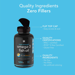 Sports Research Omega-3 Fish Oil from Wild Alaska Pollock (1250mg per Capsule) with Triglyceride EPA & DHA | Heart, Brain & Joint Support | IFOS 5 Star Certified, Non-GMO & Gluten Free (90 Softgels)