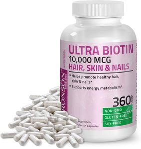 Ultra Biotin 10,000 Mcg Hair Skin and Nails Supplement, Non-GMO, 360 Vegetarian Capsules