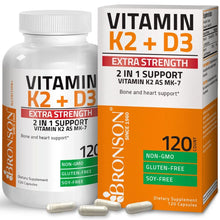 Load image into Gallery viewer, Bronson Vitamins Vitamin K2 MK-7 Plus Vitamin D3 Extra Strength - 120 Capsules