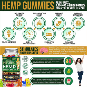 Wellution Hemp Gummies 1,500,000 XXL High Potency - Fruit Gummy Bear with Hemp Oil, Natural Hemp Candy Supplement