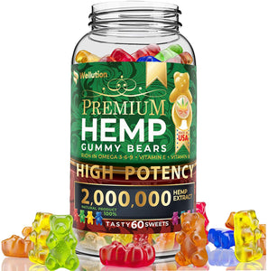Wellution Hemp Gummies 2,000,000 XXL High Potency Fruity Gummy Bear with Hemp Oil, Omega 3 6 9 Natural Hemp Candy Supplements for Soreness, Stress & Inflammation Relief, Promotes Sleep & Calm Mood
