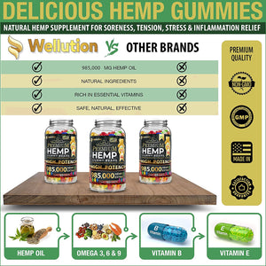 Wellution Hemp Gummies 985,000 High Potency Fruity Gummy Bear with Hemp Oil, Natural Hemp Candy Supplements for Soreness, Stress & Inflammation Relief, Promotes Sleep & Calm Mood