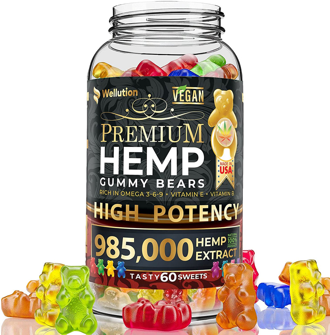 Wellution Hemp Gummies 985,000 High Potency Fruity Gummy Bear with Hemp Oil, Natural Hemp Candy Supplements for Soreness, Stress & Inflammation Relief, Promotes Sleep & Calm Mood