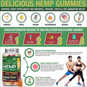 Vegan Hemp Gummies for Extra Max x60 High Potency- Stress Relief - Mood Enhancer & Immune Support - Rich in Vitamins B, E & Omega 3-6-9, Made in USA