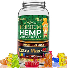 Load image into Gallery viewer, Vegan Hemp Gummies for Extra Max x60 High Potency- Stress Relief - Mood Enhancer &amp; Immune Support - Rich in Vitamins B, E &amp; Omega 3-6-9, Made in USA