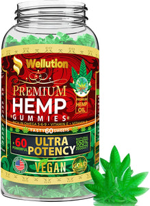 Vegan Hemp Gummies for Sleep x60 Ultra Potency - Stress Relief - Mood Enhancer & Immune Support - Rich in Vitamins B, E & Omega 3-6-9, Made in USA